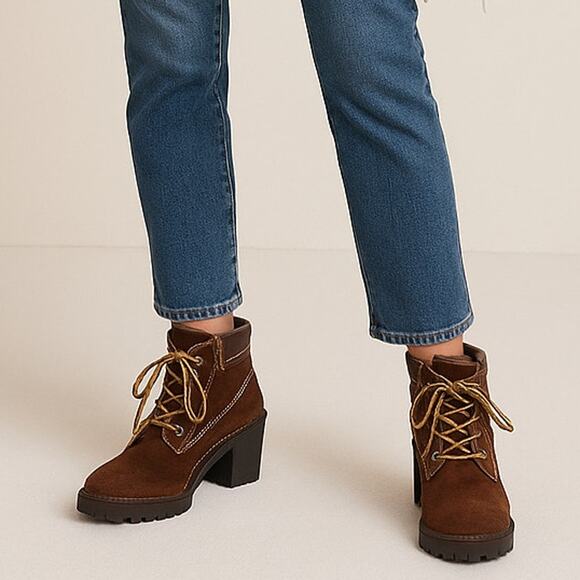 On Your Feet SZ 8 Kitt Work Boot Style Chunky Brown 100% Genuine Suede Boots - Picture 1 of 9
